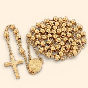 Elegant Gold Lariat Crucifix, Holy Virgin Mary Medal, Beaded Rosary Necklace